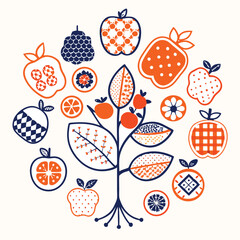 Adobe Illustrator ArtworkAssortment of healthy raw fruits and berries platter background, strawberries raspberries oranges plums apples kiwis grapes blueberries, mango, top view, selective focus Set o