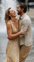 Obraz premium Under bright sunlight, a couple shares a heartfelt moment by a fountain, laughing and embracing each other in a joyful display of affection amidst the city's beauty.