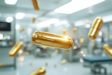 Golden capsules float in a modern medical facility.