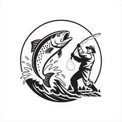 Vintage Fisherman Catching Big Fish Logo Illustration