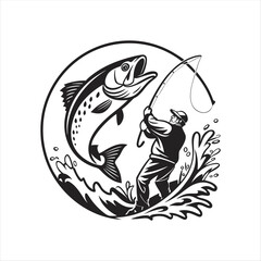 Vintage Fisherman Catching Big Fish Logo Illustration