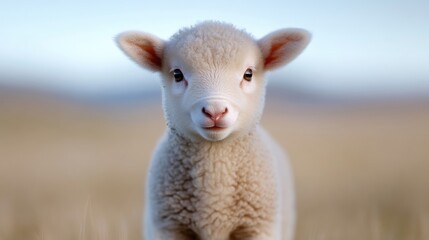 Fototapeta premium Close-up portrait of a cute fluffy white lamb standing in a sunny pasture with a blurred background.