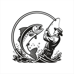 Fototapeta premium Vintage Fisherman Catching Big Fish Logo Illustration