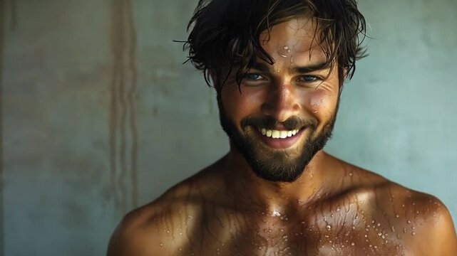 Hot Male Model Surfer Guy Smiles At Camera