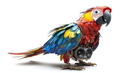 Fototapeta premium A vibrant macaw, crafted from recycled components, showcasing the beauty of upcycling.