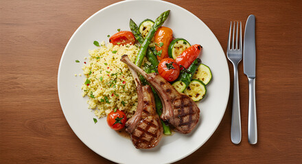 Gourmet Lamb Chops Served with Couscous and Grilled Vegetables on White Plate