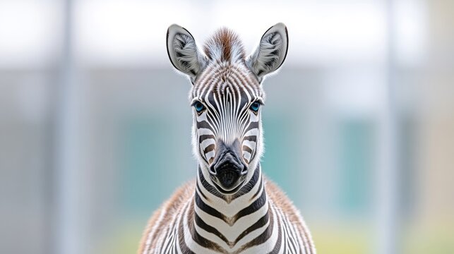 Young Zebra Sharp Focus Natural Wildlife Style High-resolution detail Portrait Close-up Striped Pattern Calm Gaze Soft Blurred Background Black and White Conservation Awareness