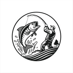 Vintage Fisherman Catching Big Fish Logo Illustration
