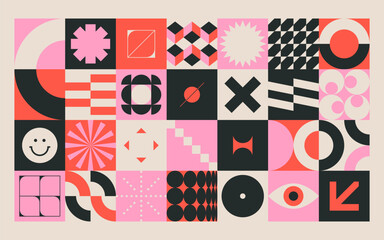 Geometric abstract shapes. Bauhaus geometry pattern minimal modern simple forms, geometrical brutalism swiss art elements. Vector set