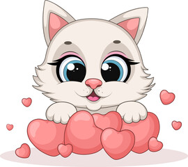Cute and funny kitten with hearts