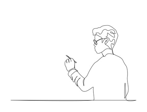 Young boy writing on the whiteboard in single line draw illustration. Continuous one line drawing of person writing in blank space. Editable stroke.