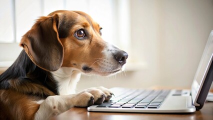 Take Your Dog to Work Day A dog curiously looks at a laptop, creating a humorous and relatable scene.