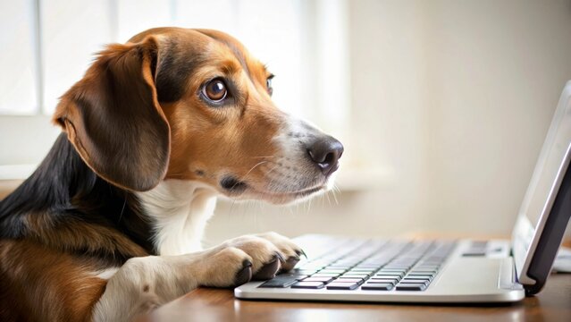 Take Your Dog to Work Day A dog curiously looks at a laptop, creating a humorous and relatable scene.