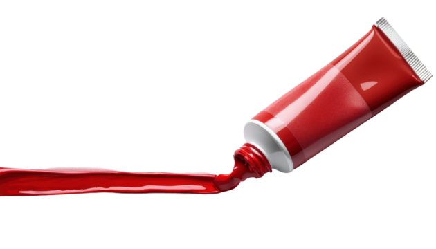 Vibrant Red Paint Tube with Spilled Color on White Background on transparent background