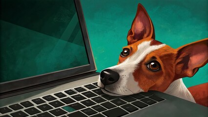 Take Your Dog to Work Day A dog rests its head on a laptop keyboard, showcasing a blend of technology and companionship.