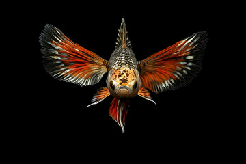 Obraz premium Strikingly Colored Fancy Fish in Flight Against a Black Background.