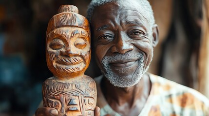 Elder African man holding carved wooden statue warm tones shallow depth joyful vibe