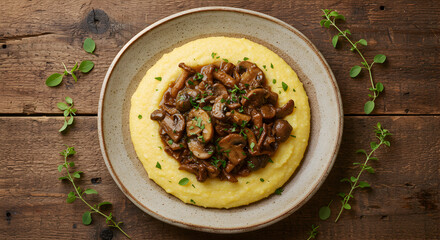 Creamy Polenta With Saut?ed Wild Mushrooms Garnished Fresh Herbs