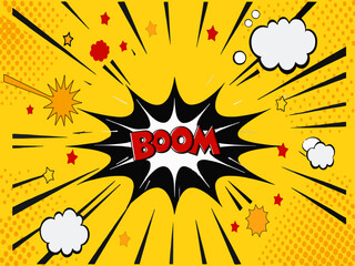 omic empty speech bubble with space for your text, dots, stars and clouds. Vector bright dynamic cartoon illustration in retro pop art style on halftone background