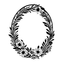 Decorative Floral Wreath Outline, Black on White