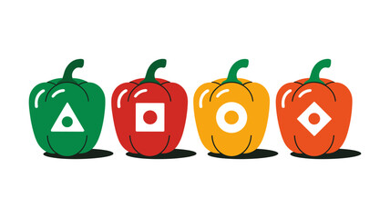 Vibrant Pepper Trio: An eye-level shot captures a collection of vibrantly colored peppers, each adorned with a unique geometric symbol. These peppers, showcasing green, red, yellow and orange hues.