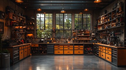 Pegboard tool arrangement with wood cabinet system high resolution image