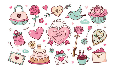 Romantic Coquette Clipart Set – Hand-Drawn Birth Day, Valentine’s Day & Wedding Elements with Hearts, Ribbons, Roses, and Vintage Love Decor