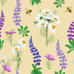 Flowers lupine, chamomile and bees on beige background. Seamless vector illustration. For decoration textile, packaging and wallpaper.
