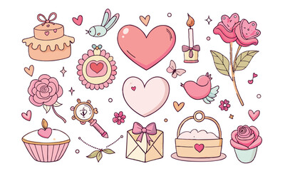 Romantic Coquette Clipart Set &ndash; Hand-Drawn Birth Day, Valentine&rsquo;s Day & Wedding Elements with Hearts, Ribbons, Roses, and Vintage Love Decor