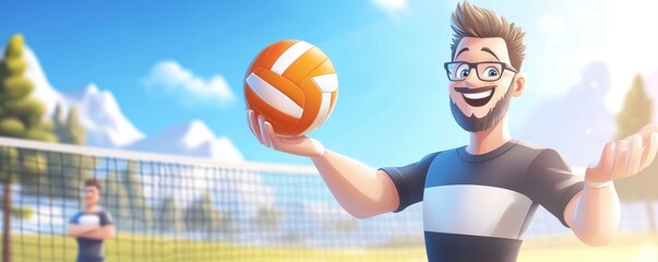 A cheerful character holds a volleyball, smiling at the camera, with a net and scenic backdrop featuring mountains and trees.