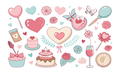 Romantic Coquette Clipart Set – Hand-Drawn Birth Day, Valentine’s Day & Wedding Elements with Hearts, Ribbons, Roses, and Vintage Love Decor