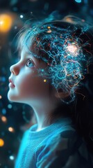 A young girl's mind illuminated with glowing neural pathways.