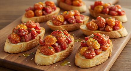 Roasted Cherry Tomato Bruschetta Delightful Appetizer on Rustic Wooden Board