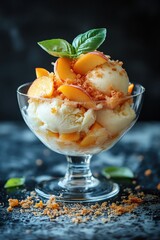 Peach ice cream with fresh peaches and basil, served in a glass bowl