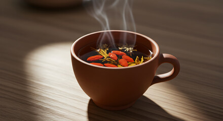 Steaming Cup Of Herbal Tea With Goji Berries On Wood Table
