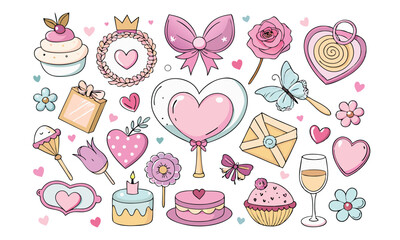 Romantic Coquette Clipart Set – Hand-Drawn Birth Day, Valentine’s Day & Wedding Elements with Hearts, Ribbons, Roses, and Vintage Love Decor