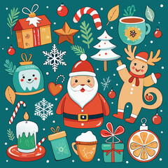 Fototapeta premium Cute Christmas Characters and Festive Elements Illustration