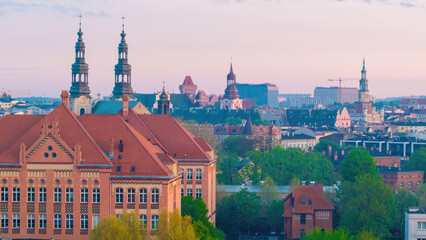 Obraz premium Cityscape of Poznan, Greater Poland, Poland — aerial top view of at morning