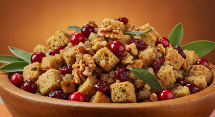 Fototapeta premium Savory Thanksgiving Stuffing with Cranberries and Walnuts in Wooden Bowl