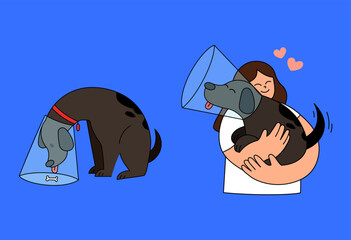 Vector illustration set featuring a sad black dog wearing a medical cone and a young woman gently hugging the same dog. The concept portrays pet care, recovery after surgery, and emotional support 