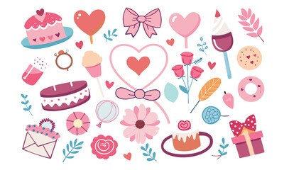 Romantic Coquette Clipart Set &ndash; Hand-Drawn Birth Day, Valentine&rsquo;s Day & Wedding Elements with Hearts, Ribbons, Roses, and Vintage Love Decor