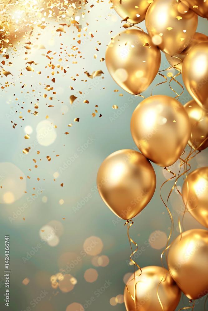 Poster golden balloons floating with falling confetti on a teal background