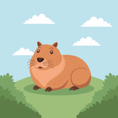 Cute capybara sitting in the grass with a peaceful expression. Illustration, print, postcard for children.