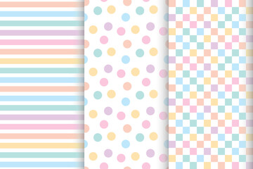 Set of seamless patterns with polka dots, stripes and checks. Pastel backgrounds. Cute pastel colors for babies.