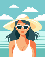 Beautiful woman in hat and sunglasses on the beach. Portrait of elegant woman. Summer illustration.