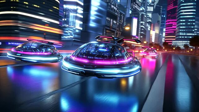 Futuristic hovercars racing through a neon cityscape