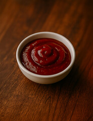Close up of homemade tomato ketchup in little ceramic bowl on wooden surface