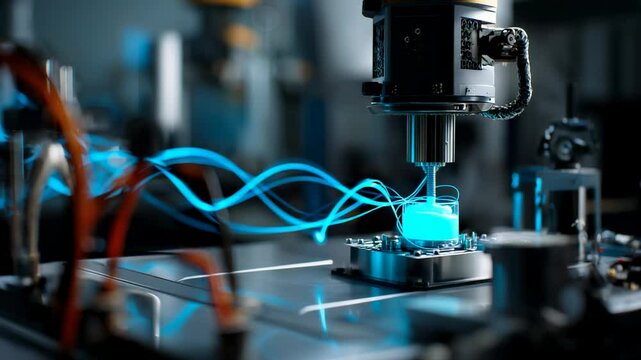 biotech startup's robotic lab in, where AI-controlled microscopes analyze samples while 3D printers create organ prototypes. Blue holographic DNA strands rotate above engineers in AR headsets
