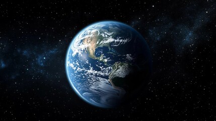 A blue and white planet in the middle of the night sky. The planet is surrounded by a lot of stars