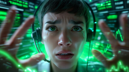 Person mit Kopfhörer umgeben von grünen Computercode-Projektionen und digitalen Datenvisualisierungen